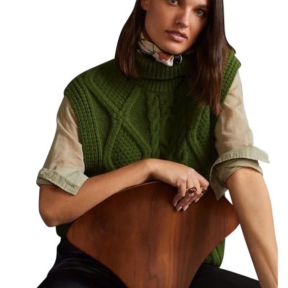 Anthropologie NWT Cable Knit Turtleneck Sweater Vest One Size in Moss - Picture 2 of 7